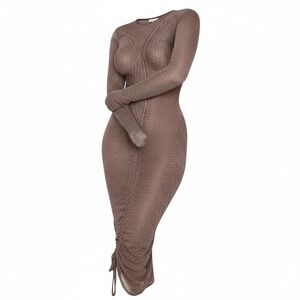 NWT PrettyLittleThing Brown Ruched Bodycon Maxi Dress Long Sleeve Drawstring 6